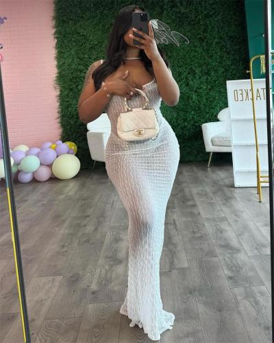 White Low Cut Mesh Sexy See Through Bodycon Street Club Wear Dress