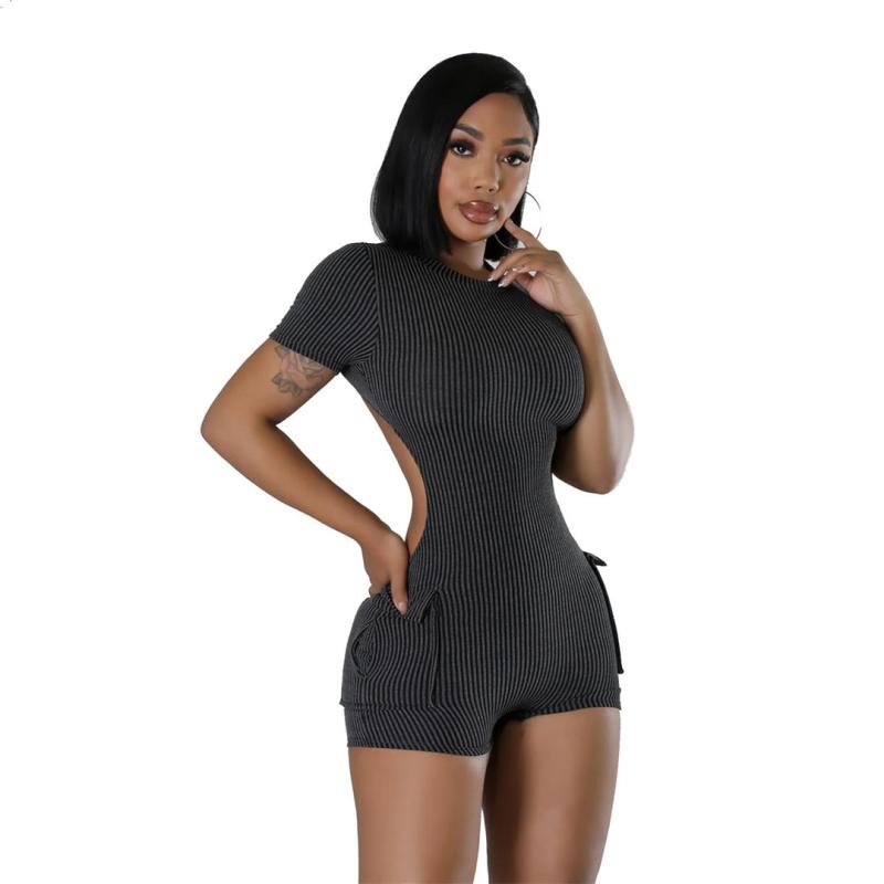 Black Backless Short Sleeve Jacquard Pleated Pocket Sexy Rompers