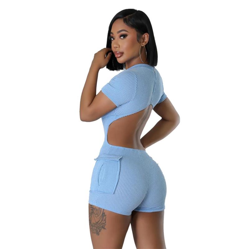 Sky Blue Backless Short Sleeve Jacquard Pleated Pocket Sexy Rompers 003