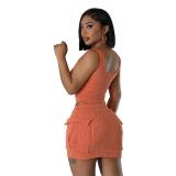 Orange Sleeveless Sexy Rompers Top Pleated Women Club Short Dress Sets