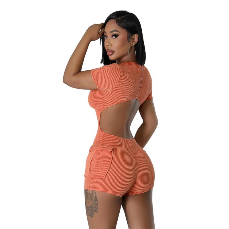 Orange Backless Short Sleeve Jacquard Pleated Pocket Sexy Rompers