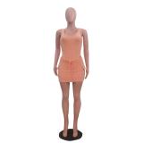 Orange Backless Short Sleeve Jacquard Pleated Pocket Sexy Rompers