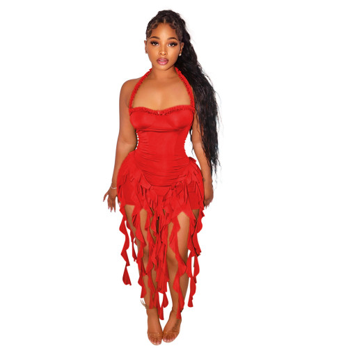 Red Straps Low Cut Pleated Sexy Club Tassels Mini Dress