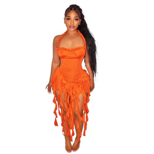 Orange Straps Low Cut Pleated Sexy Club Tassels Mini Dress