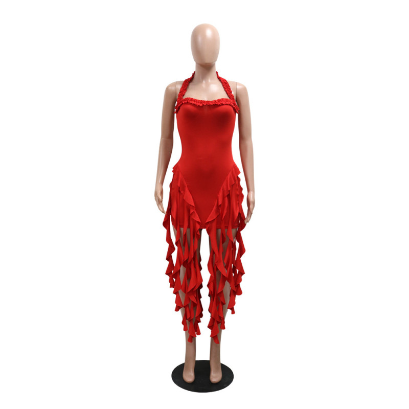 Red Straps Low Cut Pleated Sexy Club Tassels Mini Dress
