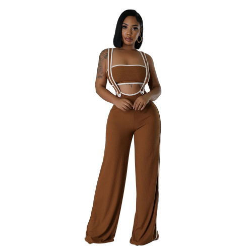 Brown Off Shoulder Crop Top Straps Fashion Casual Women Overalls Jumpsuit