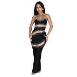 Black Off Shoulder Mesh Rhinestone Sexy Evening Luxury Prom Long Dress