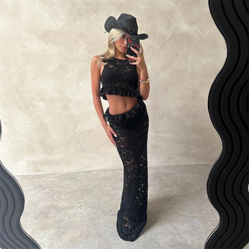 Black Lace Hollow Out Sleeveless Sexy Women Party Out Maxi Dress