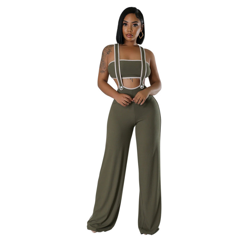 Green Off Shoulder Crop Top Straps Fashion Casual Women Overalls Jumpsuit