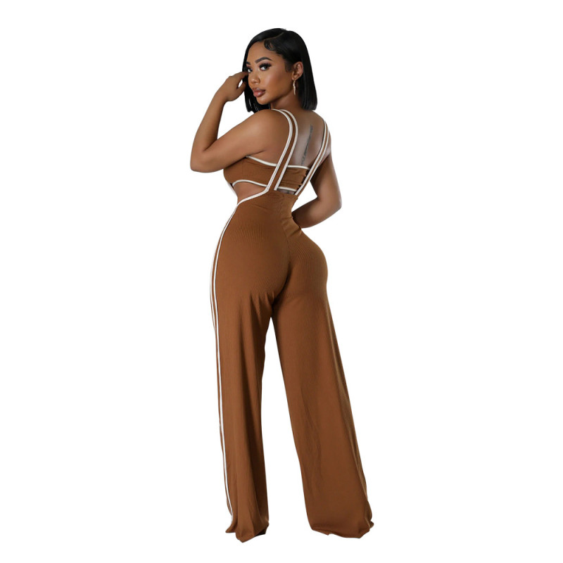 Brown Off Shoulder Crop Top Straps Fashion Casual Women Overalls Jumpsuit