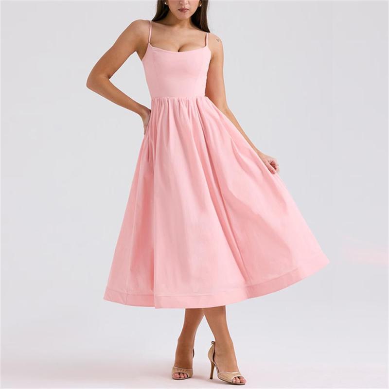 Pink Sleeveless Low Cut Cute Girl Summer Skirt Midi Dress