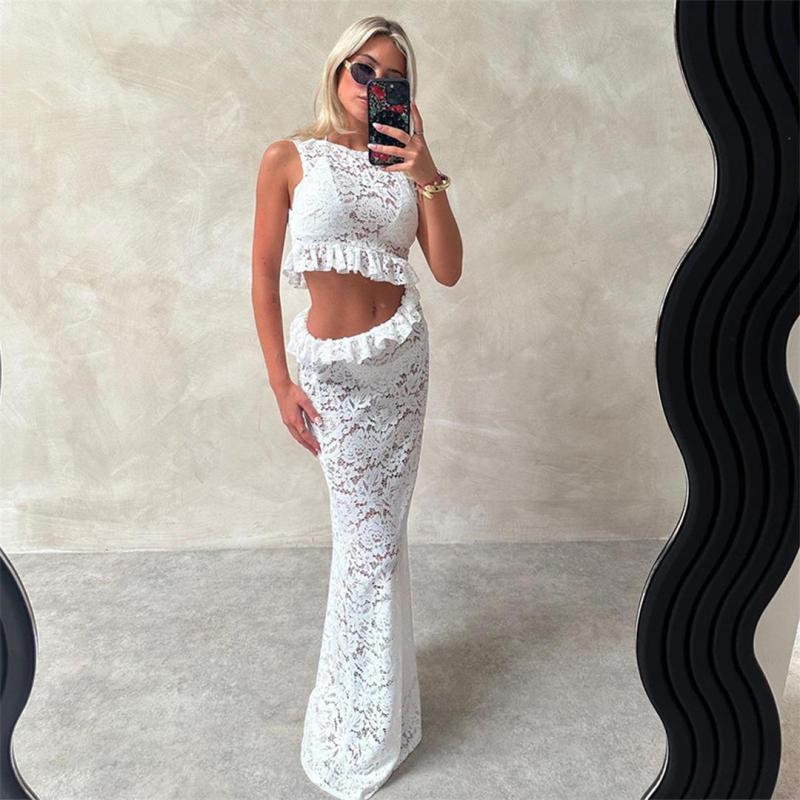 White Lace Hollow Out Sleeveless Sexy Women Party Out Maxi Dress