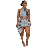 Blue Two Pieces Denim Crop Top Ruffles Stretch Jeans Short Sets Dress