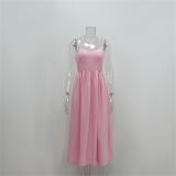 Pink Sleeveless Low Cut Cute Girl Summer Skirt Midi Dress
