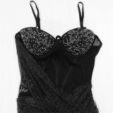 Black Low Cut Rhinestone Mesh Silk See Through Irregular Pleated Club Dress