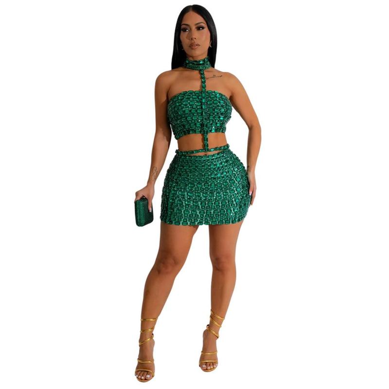 Green Off Shoulder Crop Top Diamonds Bodycon Sexy Club Mini Dress