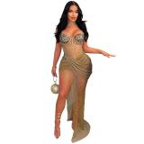 Khaki Low Cut Rhinestone Mesh Silk See Through Irregular Pleated Club Dress
