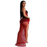 Red Low Cut Rhinestone Mesh Silk See Through Irregular Pleated Club Dress