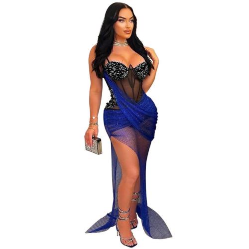 Blue Low Cut Rhinestone Mesh Silk See Through Irregular Pleated Club Dress