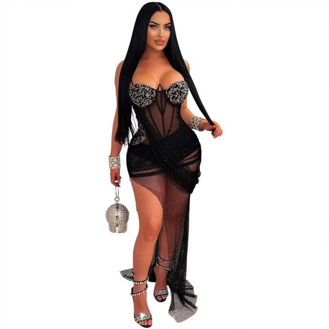 Black Low Cut Rhinestone Mesh Silk See Through Irregular Pleated Club Dress