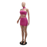 Rose Red Off Shoulder Crop Top Diamonds Bodycon Sexy Club Mini Dress