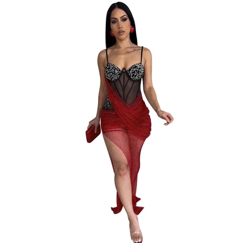 Red Low Cut Rhinestone Mesh Silk See Through Irregular Pleated Club Dress