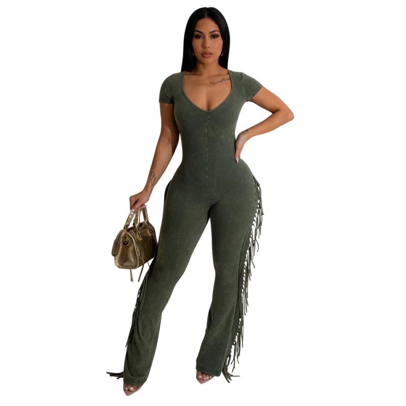 Green Short Sleeve V Neck Tassels Bodycon Sexy Jumpsuits