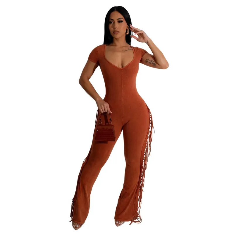 Orange Red Short Sleeve V Neck Tassels Bodycon Sexy Jumpsuits