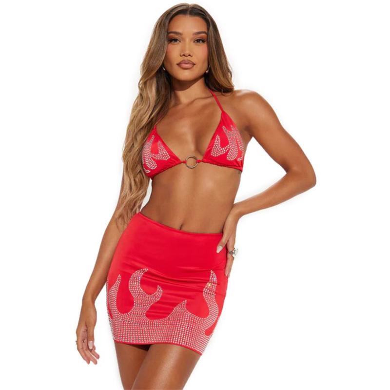 Red Black Two Pieces Diamond Women Party Sexy Dress