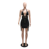 Black Deep V Neck Hollow Out Bandage Sexy Club Dress
