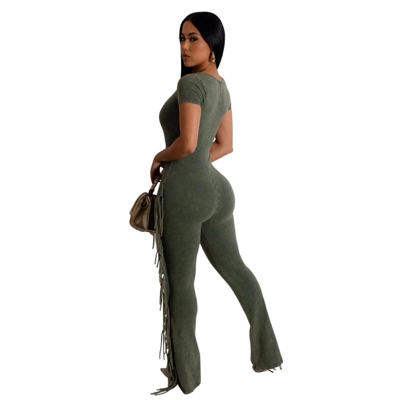 Green Short Sleeve V Neck Tassels Bodycon Sexy Jumpsuits