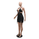 Black Deep V Neck Hollow Out Bandage Sexy Club Dress