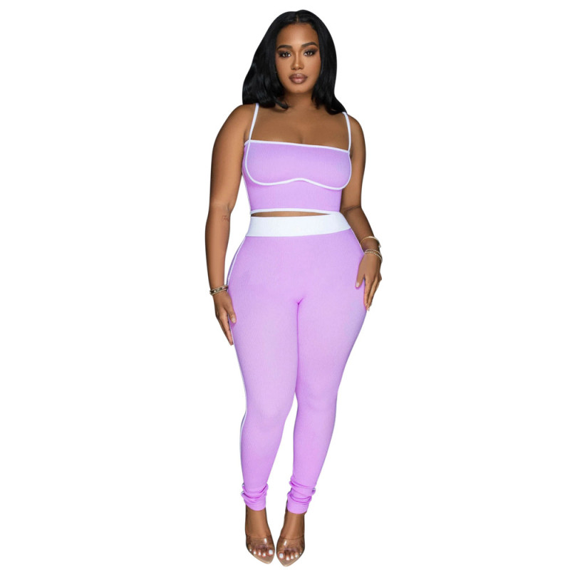 Purple Boat Neck Straps Crop Top Pleated Sports Skinny Pants