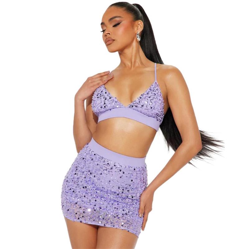 Purple Sequins V Neck Crop Top Club Two Pieces Short Mini Dress