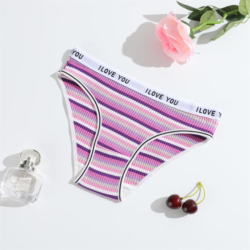 Purple Women Striped Briefs Low-Rise Breathable Underwear G-Thongs