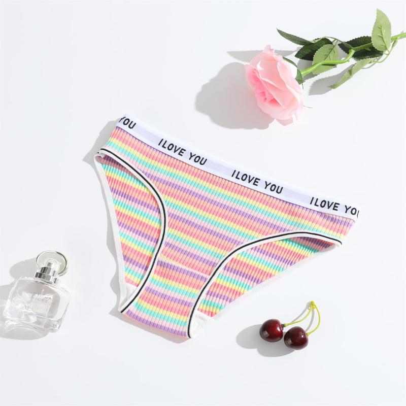 Pink Women Striped Briefs Low-Rise Breathable Underwear G-Thongs