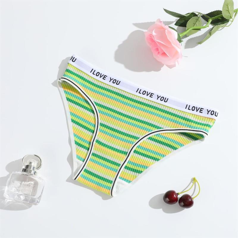 Green Women Striped Briefs Low-Rise Breathable Underwear G-Thongs