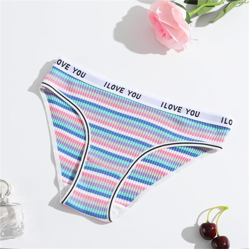 Blue Women Striped Briefs Low-Rise Breathable Underwear G-Thongs