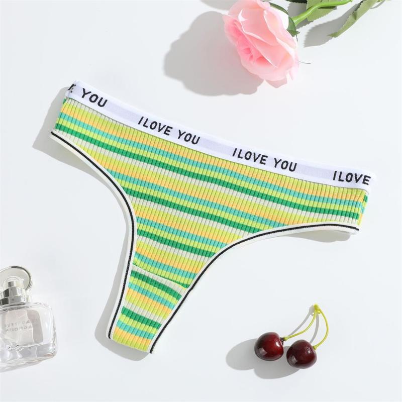 Green Women Threaded Briefs Low-Rise Breathable Underwear G-Thongs