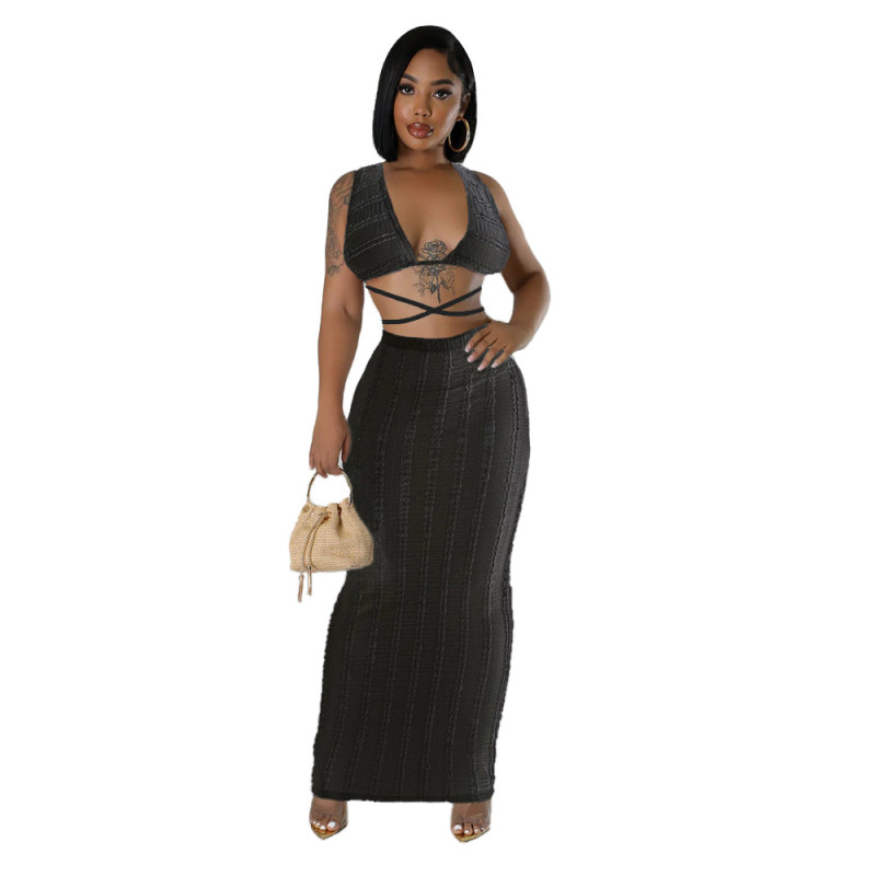 Black Sleeveless Lace Ruffles Crop Top Pleated Sexy Club Skirt Midi Dress
