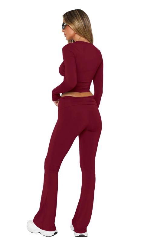 Claret O Neck Long Sleeve Crop Top Pleated Bodycon Sports Women Pant Sets