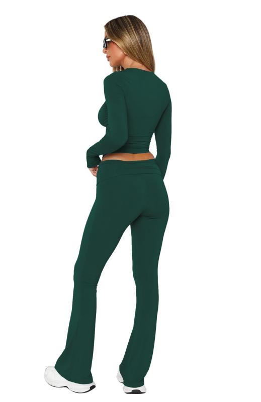 Green O Neck Long Sleeve Crop Top Pleated Bodycon Sports Women Pant Sets