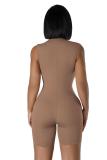 Khaki Zipper V Neck Pleated Sports Casual Slim Fit Romper Tracksuit