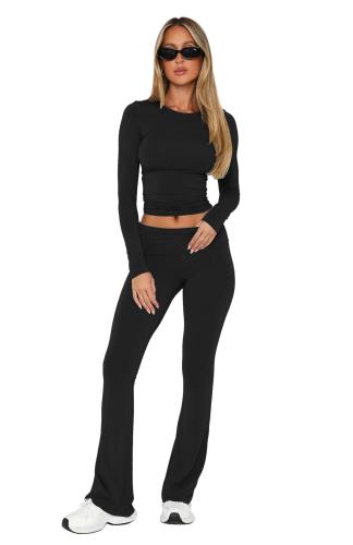 Black O Neck Long Sleeve Crop Top Pleated Bodycon Sports Women Pant Sets