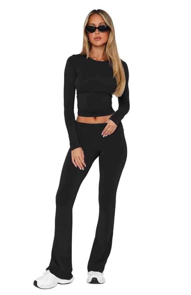 Black O Neck Long Sleeve Crop Top Pleated Bodycon Sports Women Pant Sets