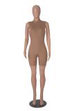 Khaki Zipper V Neck Pleated Sports Casual Slim Fit Romper Tracksuit