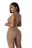 Khaki Zipper V Neck Pleated Sports Casual Slim Fit Romper Tracksuit