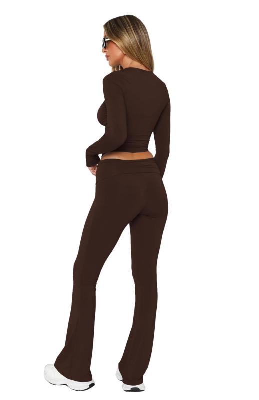 Coffee O Neck Long Sleeve Crop Top Pleated Bodycon Sports Women Pant Sets