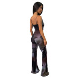Black Straps Hollow Out Printed Deep V Neck Printed Mesh Sexy Jumpsuits
