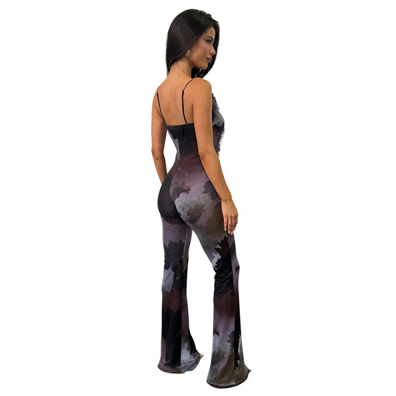 Black Straps Hollow Out Printed Deep V Neck Printed Mesh Sexy Jumpsuits